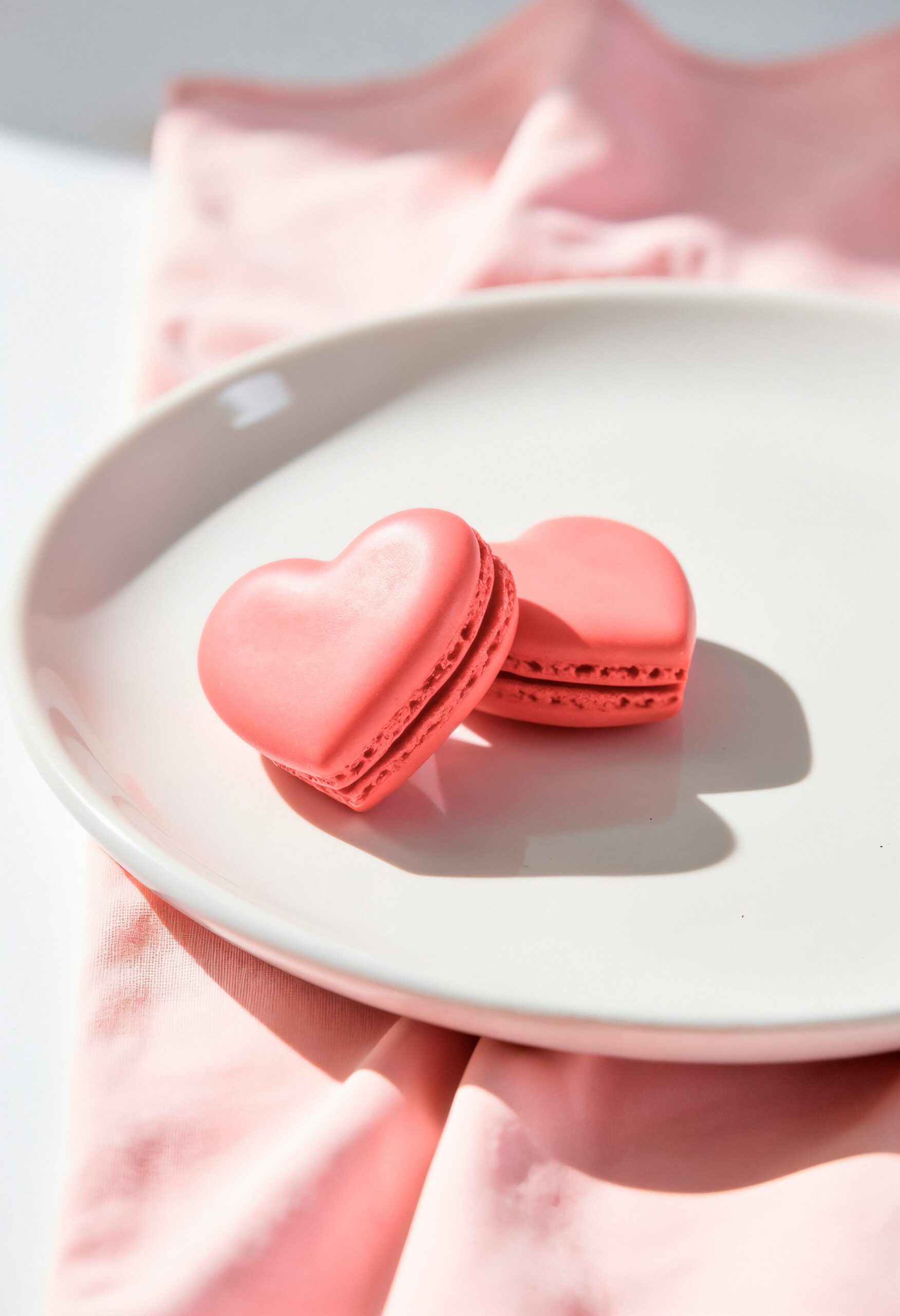 Événements Gourmands et Traiteur Sucré – Chez Karen Deux macarons roses en forme de cœur présentés sur une assiette blanche épurée, posée sur un drapé de tissu rose.